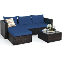 Tangkula 5PCS Cushioned Rattan Patio Conversation Set W/ Ottoman Navy Cushion -Tangkula GUEST f340d46e 73ac 4c6b a1be a59dfa6b4307