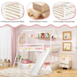 Tangkula Twin Over Twin House Bunk Bed W/ Slide Solid Wood Low Bunk Bed For Kids White -Tangkula GUEST f3c57e03 4b10 4ea8 8265 55db7a6ca367