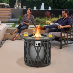 Tangkula 32 Inch Outdoor Fire Pit Table 30,000 BTU Round Metal Fire Table With Lid & PVC Cover & Glass Stones CSA Approved