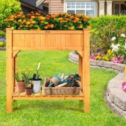 Tangkula Outdoor 8 Grids Raised Garden Bed Elevated Planter Box Kit W/Liner & Shelf For Backyard Patio