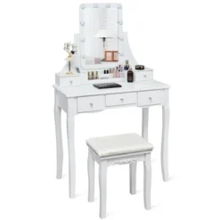Tangkula LED Vanity Table Makeup Dresser Desk W/Drawers &Cushioned Stool Black/Brown/White -Tangkula GUEST f42a0f80 ca14 4f2e b7de fbf29363efa6