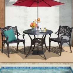 Tangkula 36" Outdoor Dining Table Round Cast Aluminum Patio Dining Table With Umbrella Hole And Adjustable Non-Slip Foot Pads -Tangkula GUEST f46b412b db40 408e bb50 2242d4218e33