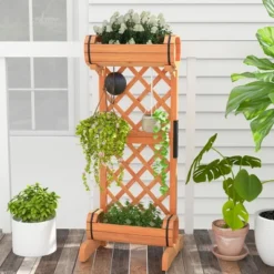 Tangkula 2-Tier Raised Planter Garden Wooden Bed W/ 2 Cylindrical Planter Boxes