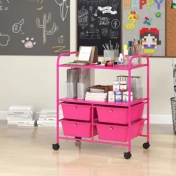 Tangkula 4-Drawer Rolling Storage Cart With 2 Shelves Mobile Utility Cart With Removable Drawers And Metal Frame With Lockable Wheels Pink -Tangkula GUEST f53aa89e 566d 4d8c 8955 11830181723e