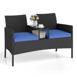 Tangkula Outdoor Rattan Loveseat 2-Seat Patio Conversation Set With Built-in Coffee Table Cushions Wicker Bench Furniture Blue -Tangkula GUEST f60fd16a a088 4878 80c7 14260cb5434c