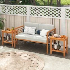 Tangkula 2PCS Outdoor Acacia Wood Side Table 2-Tier Patio End Table W/ Slatted Tabletop