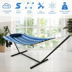 Tangkula 12Ft Hammock With Heavy-Duty Steel Stand, Woven Hammock Chair Set, Portable Hammock With Beech Wood Bar & Cotton Mat -Tangkula GUEST f66cfd34 8a9b 4575 97e8 2897605aa129