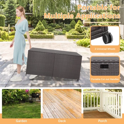 Tangkula 175 Gallon Deck Storage Box Outdoor Mix Brown Wicker Storage Bin W/ Zippered Liner & 2 Universal Wheels Safe Pneumatic Rod 8 Tangkula 175 Gallon Deck Storage Box Outdoor Mix Brown Wicker Storage Bin W/ Zippered Liner & 2 Universal Wheels Safe Pneumatic Rod - Image 6