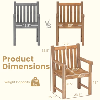 Tangkula 4 PCS Teak Wood Patio Dining Chair Outdoor Armchair W/ Slatted Seat & Solid Legs 9 Tangkula 4 PCS Teak Wood Patio Dining Chair Outdoor Armchair W/ Slatted Seat & Solid Legs - Image 7
