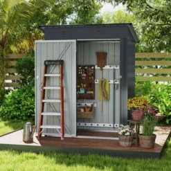 Tangkula 5 X 3 FT Outdoor Storage Shed Galvanized Metal Tool House W/ Sloped Roof Gray -Tangkula GUEST f8b3eb7c b17d 4518 9046 f81d4642b83b
