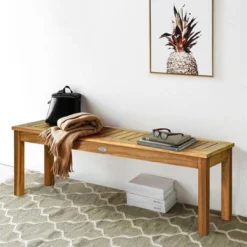 Tangkula Set Of 2 Acacia Wood Bench Dining Bench Patio Garden W/ Slatted Seat Teak