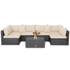 Tangkula Set Of 7 Patio Wicker Furniture Set Outdoor Rattan Sectional Sofa With Seat & Back Cushions 2 Throw Pillows Mix Grey & Beige -Tangkula GUEST fa1a2e29 7e72 4d0a bf0e 21fa14ccce1a