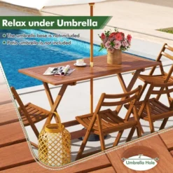 Tangkula 54.5" X 27.5" Patio Dining Table W/ Teak Painting 2" Umbrella Hole For Balcony -Tangkula GUEST fab3eee0 d9e0 47db 9c55 1cc50fc618f5