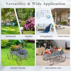Tangkula Tangkula Wooden Garden Flower Planter Wagon Plant Bed W/ Wheel Garden Yard Gray -Tangkula GUEST fbec88f8 ebdf 459e 8263 855970c15292