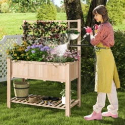 Tangkula Raised Garden Bed With Trellis 48x23x63 Inch Elevated Planter Box With Bed Liner Bottom Storage Shelf