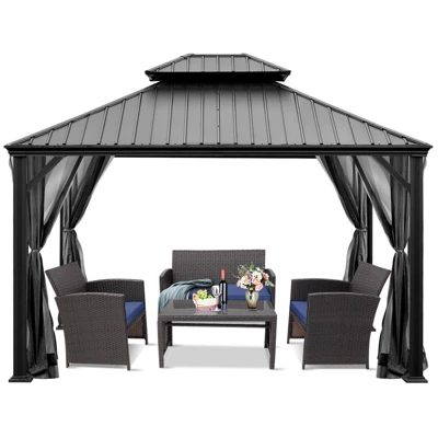 Tangkula 12ft X 10ft Patio Hardtop Gazebo Double Vented Roof Outdoor Galvanized Steel Sun Shelter Brown/Gray 6 Tangkula 12ft X 10ft Patio Hardtop Gazebo Double Vented Roof Outdoor Galvanized Steel Sun Shelter Brown/Gray - Image 4