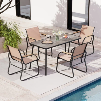 Tangkula 5 PCS Patio Dining Set W/ Wood-like Armrests & Metal Frame For Garden Yard 3 Tangkula 5 PCS Patio Dining Set W/ Wood-like Armrests & Metal Frame For Garden Yard
