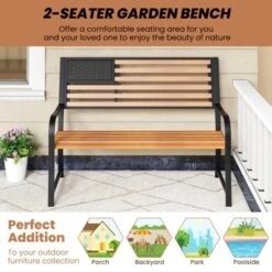 Tangkula 50” Outdoor Garden Bench 2-Person Metal Patio Chair With Flag Pattern Backrest & Rustic Wood Grain Finish -Tangkula GUEST fe26b4bf e83c 4f74 a8ab ff24973bde4a