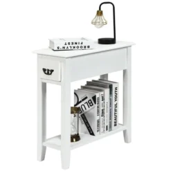 Tangkula White 2 Tier Narrow Nightstand End Bedside Sofa Side Table With Drawer And Shelf -Tangkula GUEST fe365cef 2078 4ec2 b5d6 99d4f9679fa4