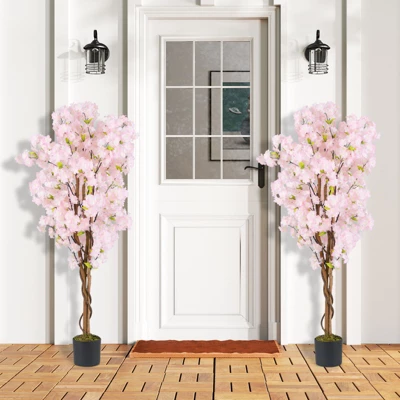 Tangkula 2PCS 5 FT Tall Artificial Cherry Blossom Tree Faux Flower Plant In Nursery Pot 3 Tangkula 2PCS 5 FT Tall Artificial Cherry Blossom Tree Faux Flower Plant In Nursery Pot