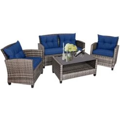 Tangkula 4PCS Rattan Furniture Set Coffee Table Cushioned Sofa Garden Lawn Patio Navy -Tangkula GUEST fee2b442 5a1d 49a0 bbcd a302d42c4d58