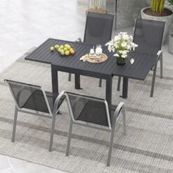 Tangkula 5 PCS Outdoor Dining Table Set W/ Extendable Aluminum Table & 4 Stackable Chairs -Tangkula GUEST ff488a9a dd4e 4176 82de 7d968ddda7dc