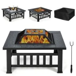 Tangkula 3 In 1 Patio Fire Pit Table Outdoor Square Fire Bowel W/ BBQ Grill & Rain Cover -Tangkula GUEST ffbc98e8 a87f 4f7b 9854 56b709117fe2