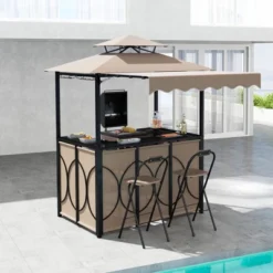 Tangkula 3-Piece Outdoor BBQ Canopy W/ Bar Table & 2 Foldable Bar Chairs Set For Patio